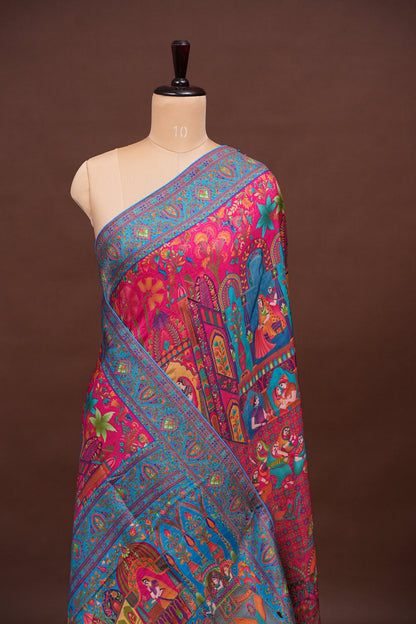 Kashmiri Pashmina Banarasi Story Telling Saree - Pink & Blue