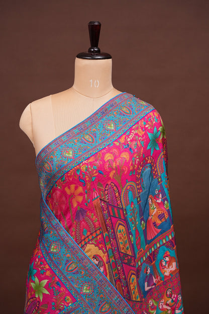 Kashmiri Pashmina Banarasi Story Telling Saree - Pink & Blue