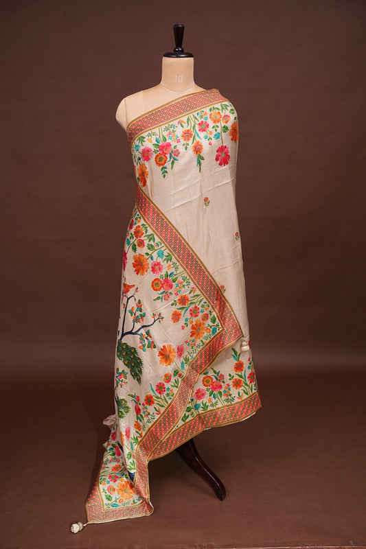 Kashmiri Pashmina Banarasi Story Telling Saree - Ivory