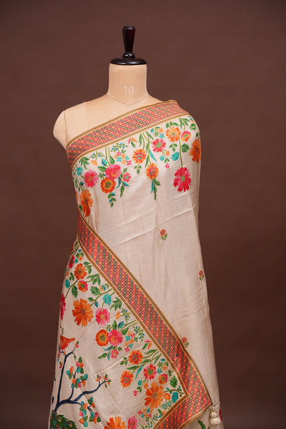 Kashmiri Pashmina Banarasi Story Telling Saree - Ivory