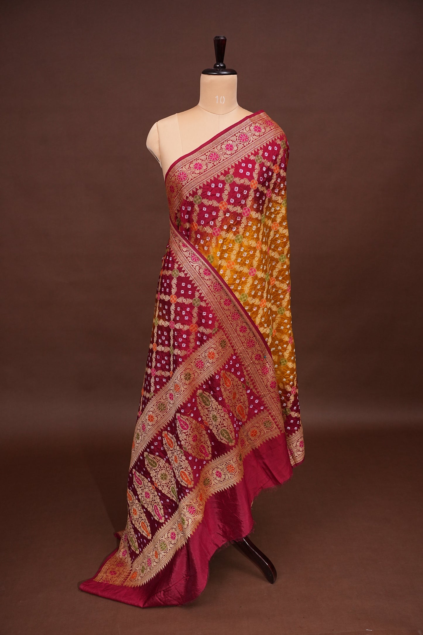 Crushed Munga in Banarasi With Pure Bandhini Saree in Mustard & Maroon