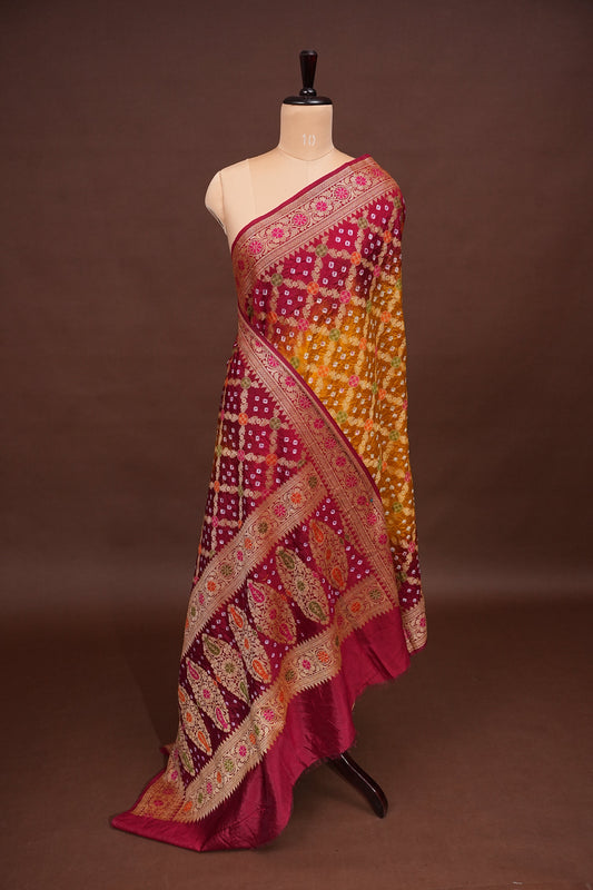 Crushed Munga in Banarasi With Pure Bandhini Saree in Mustard & Maroon