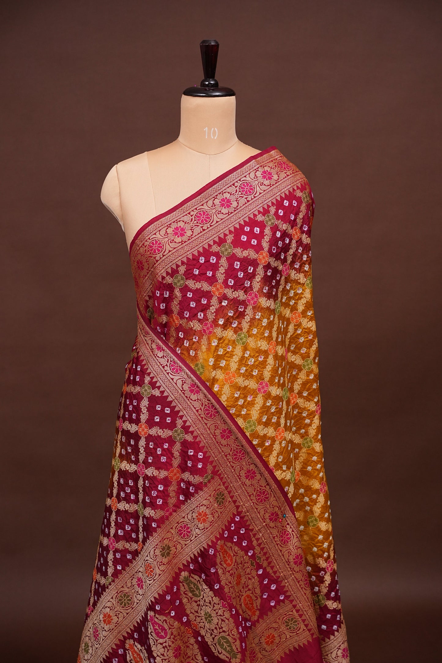 Crushed Munga in Banarasi With Pure Bandhini Saree in Mustard & Maroon