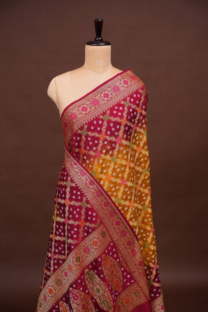 Crushed Munga in Banarasi With Pure Bandhini Saree in Mustard & Maroon