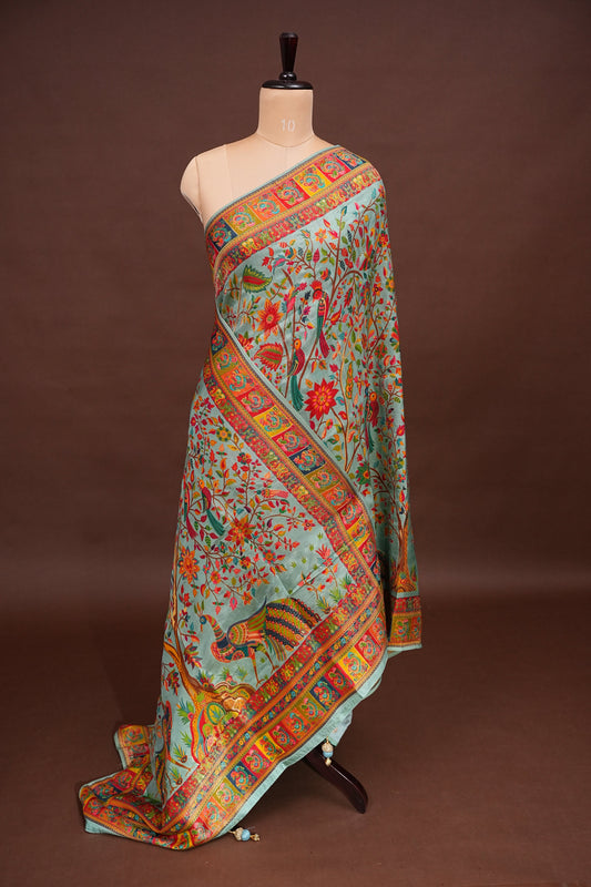 Kashmiri Pashmina Banarasi Story Telling Saree - Baby Green