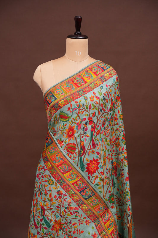 Kashmiri Pashmina Banarasi Story Telling Saree - Baby Green
