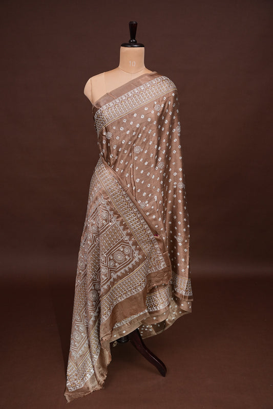 Pure Gajji Silk Bandhini Saree - Light Brown