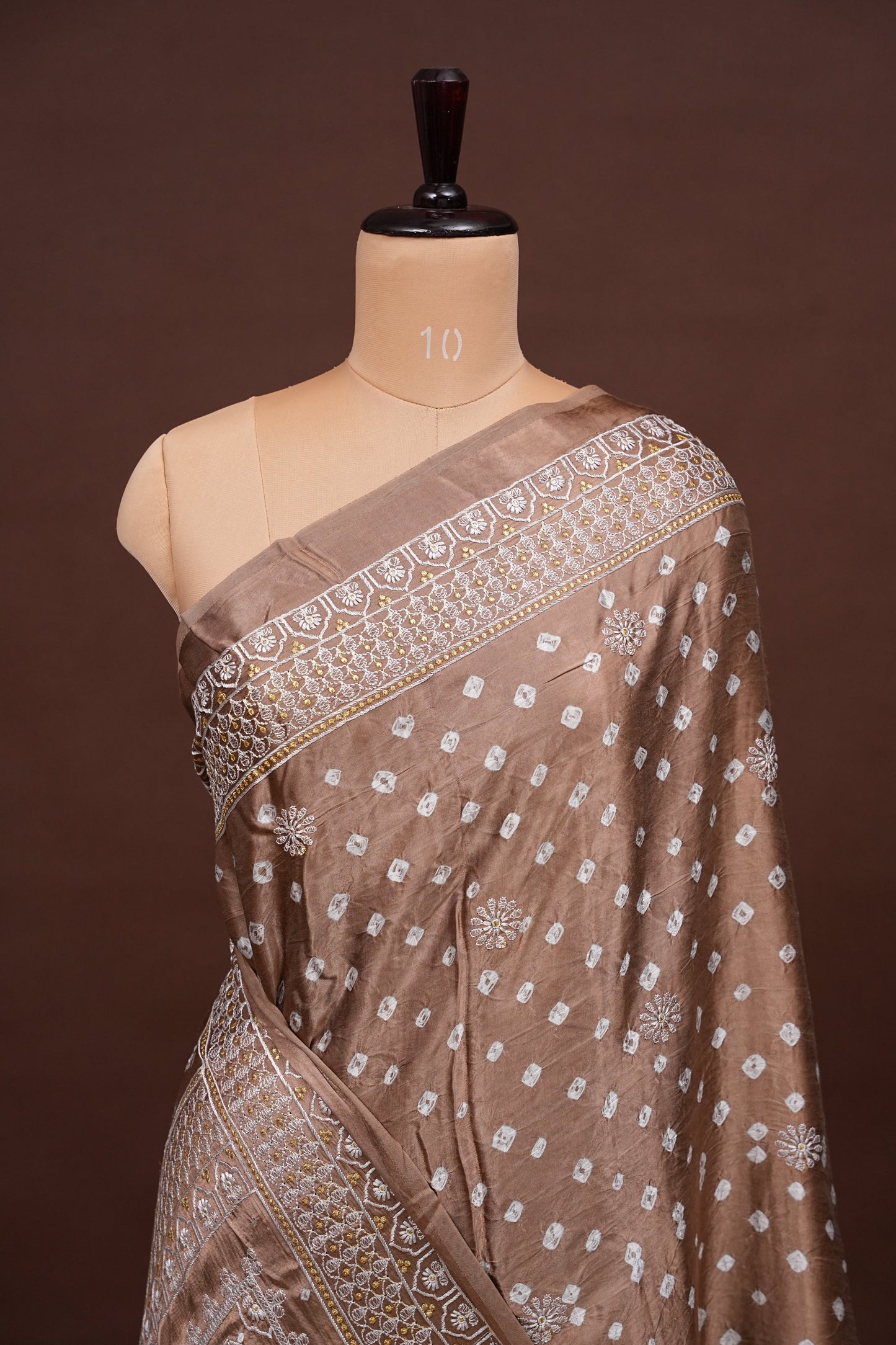 Pure Gajji Silk Bandhini Saree - Light Brown