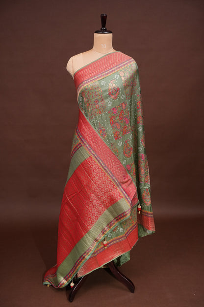 Kashmiri Pashmina Story Telling Banarasi Saree - Sage Green