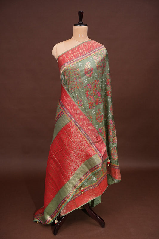 Kashmiri Pashmina Story Telling Banarasi Saree - Sage Green