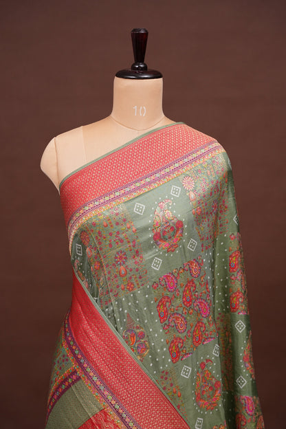 Kashmiri Pashmina Story Telling Banarasi Saree - Sage Green