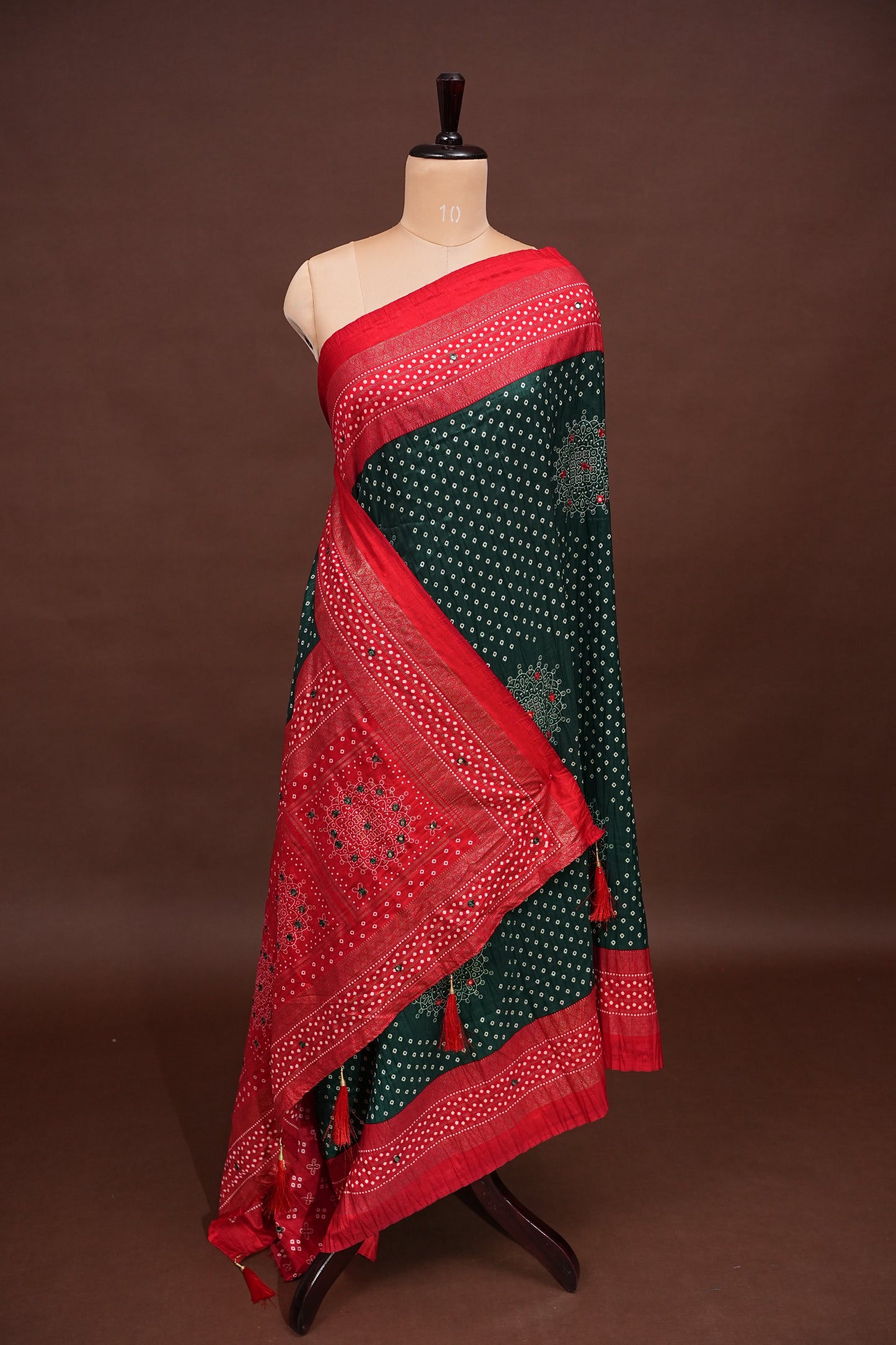 Bandhini Digital Print Semi Silk Saree-Bottle Green and Red