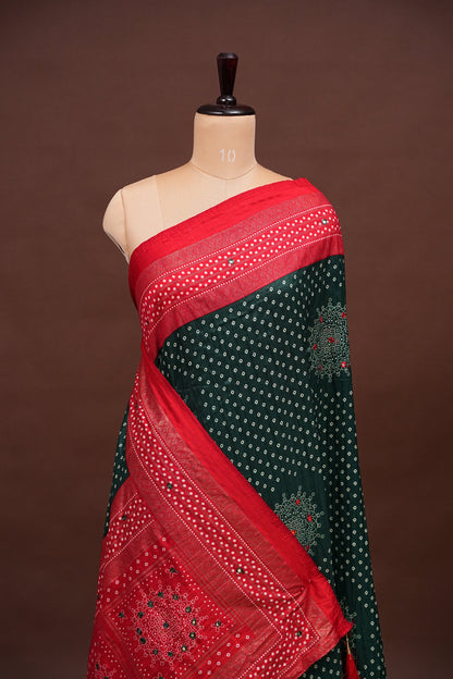 Bandhini Digital Print Semi Silk Saree-Bottle Green and Red