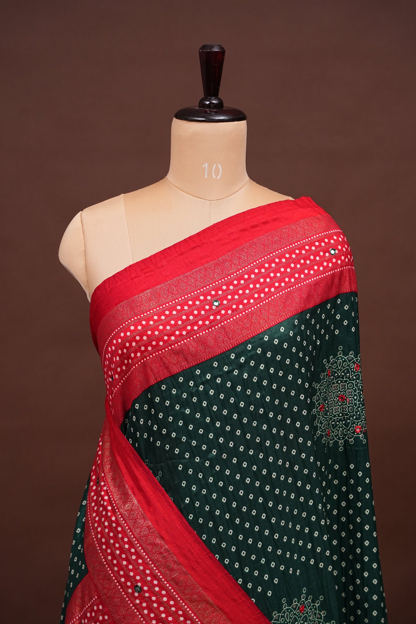 Bandhini Digital Print Semi Silk Saree-Bottle Green and Red