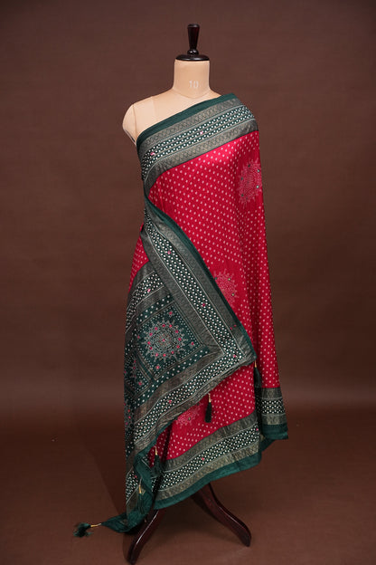 Bandhini Digital Print Semi Silk Saree-Red and Green