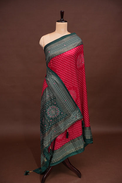 Bandhini Digital Print Semi Silk Saree-Pink and Green