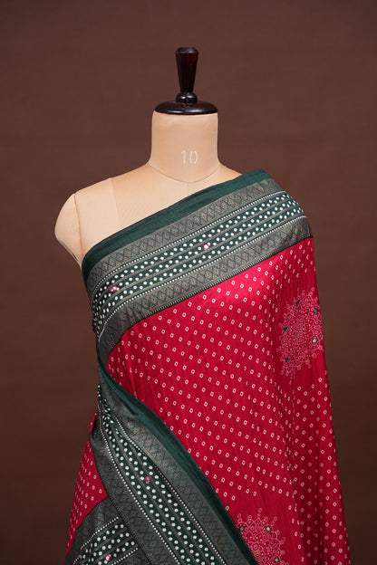 Bandhini Digital Print Semi Silk Saree-Pink and Green
