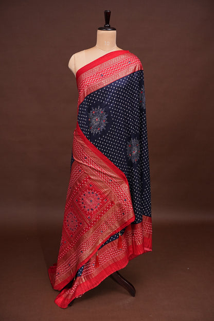 Bandhini Digital Print Semi Silk Saree-Blue and Red