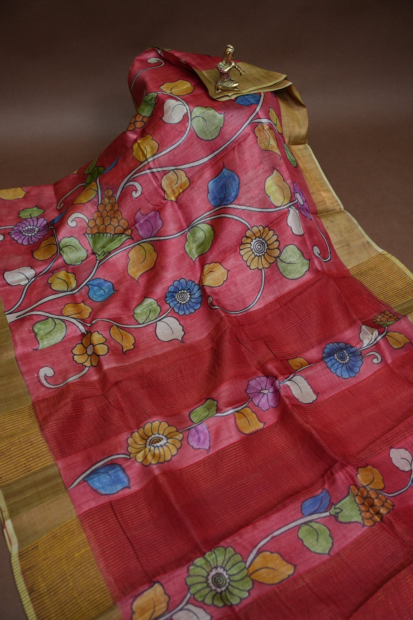 Pure Tussar Silk Saree in Rose Pink with Hand Painted Floral Art | Silk Mark Certified