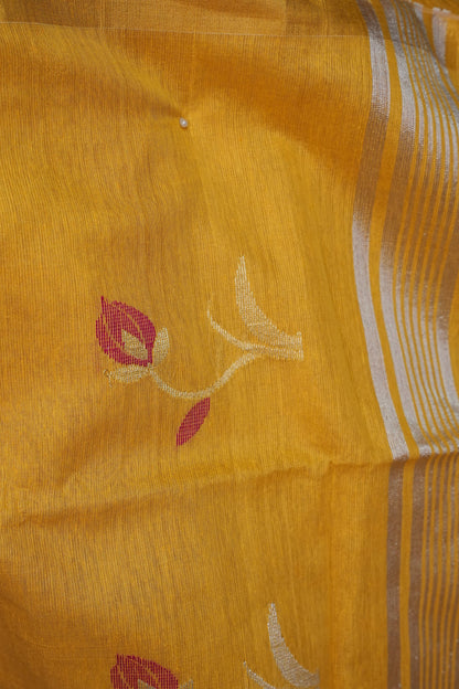 Tissue Linen Saree with Tassles - Yellow
