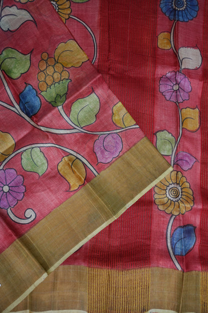 Pure Tussar Silk Saree in Rose Pink with Hand Painted Floral Art | Silk Mark Certified