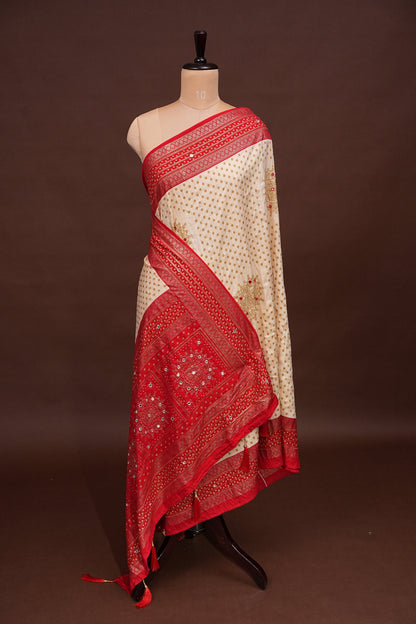 Bandhini Digital Print Semi Silk Saree-White & Red