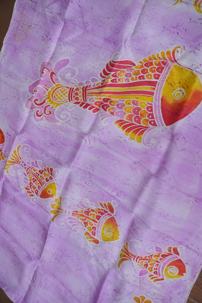 Pure Mulberry Silk Saree in Lavender with Artistic Fish Batik Print | Silk Mark Certified