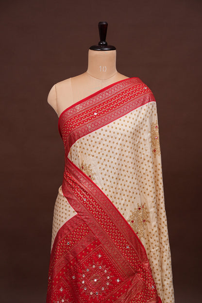 Bandhini Digital Print Semi Silk Saree-White & Red