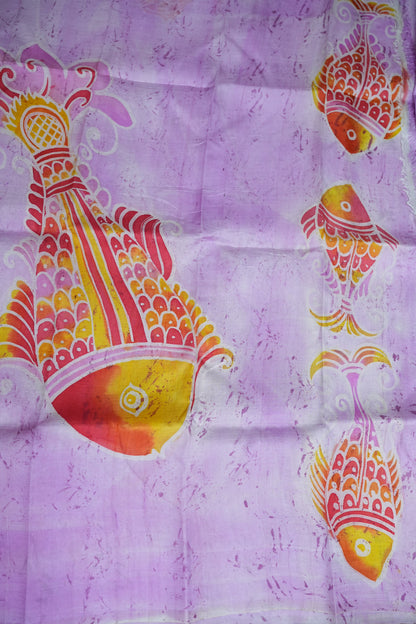 Pure Mulberry Silk Saree in Lavender with Artistic Fish Batik Print | Silk Mark Certified