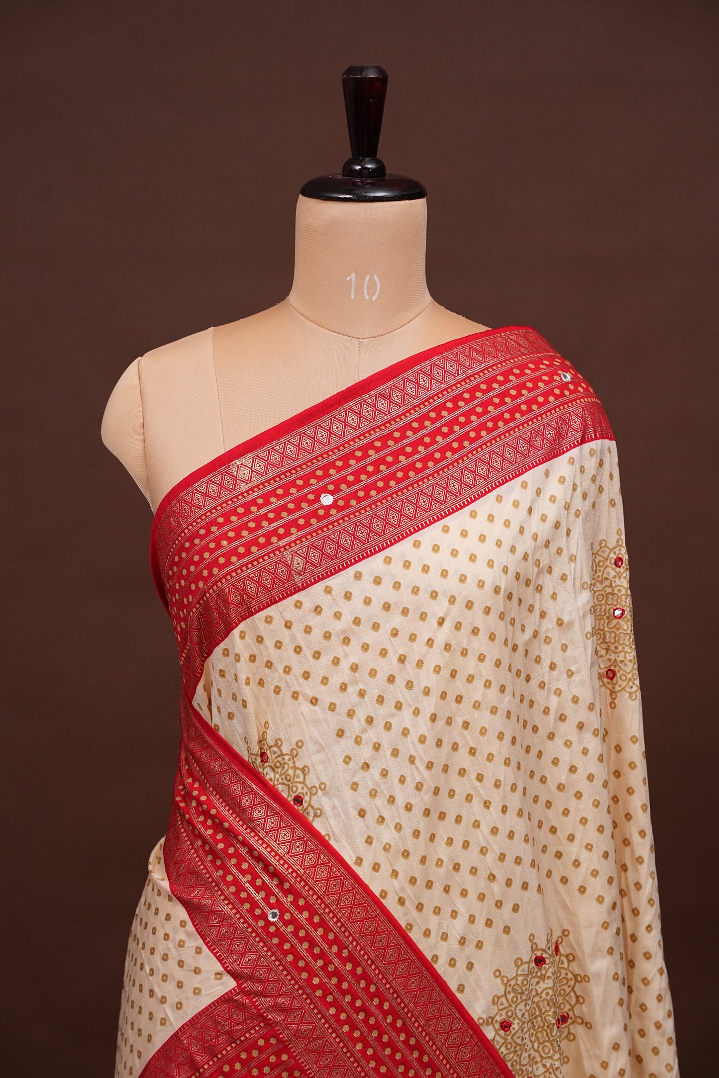 Bandhini Digital Print Semi Silk Saree-White & Red