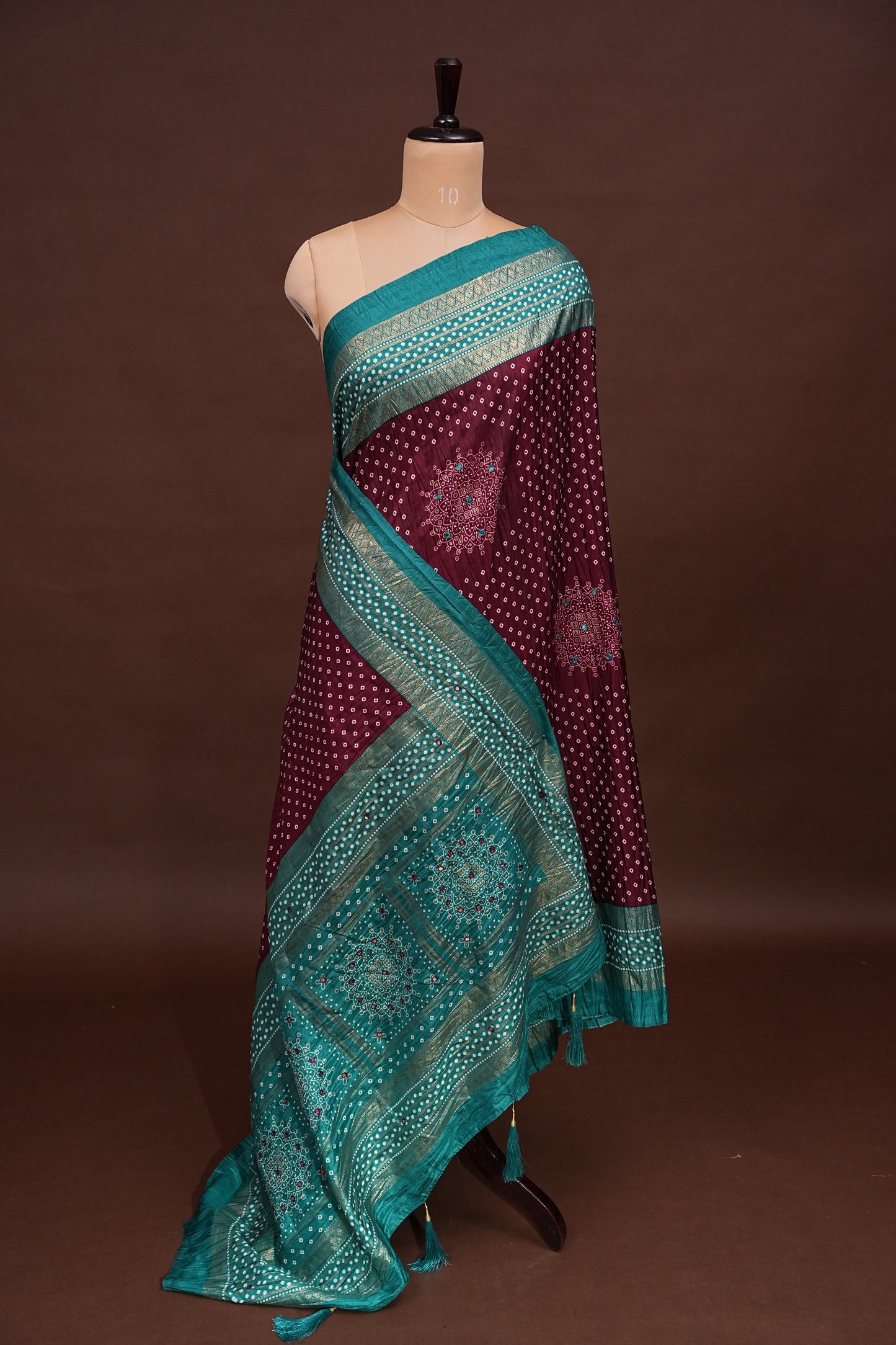 Bandhini Digital Print Semi Silk Saree-Wine and Turquoise Blue