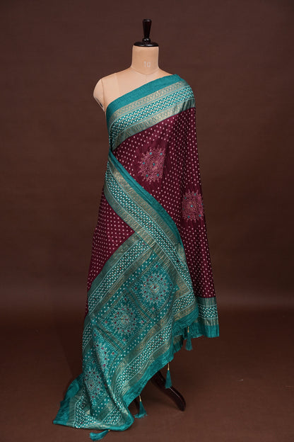 Bandhini Digital Print Semi Silk Saree-Wine and Turquoise Blue