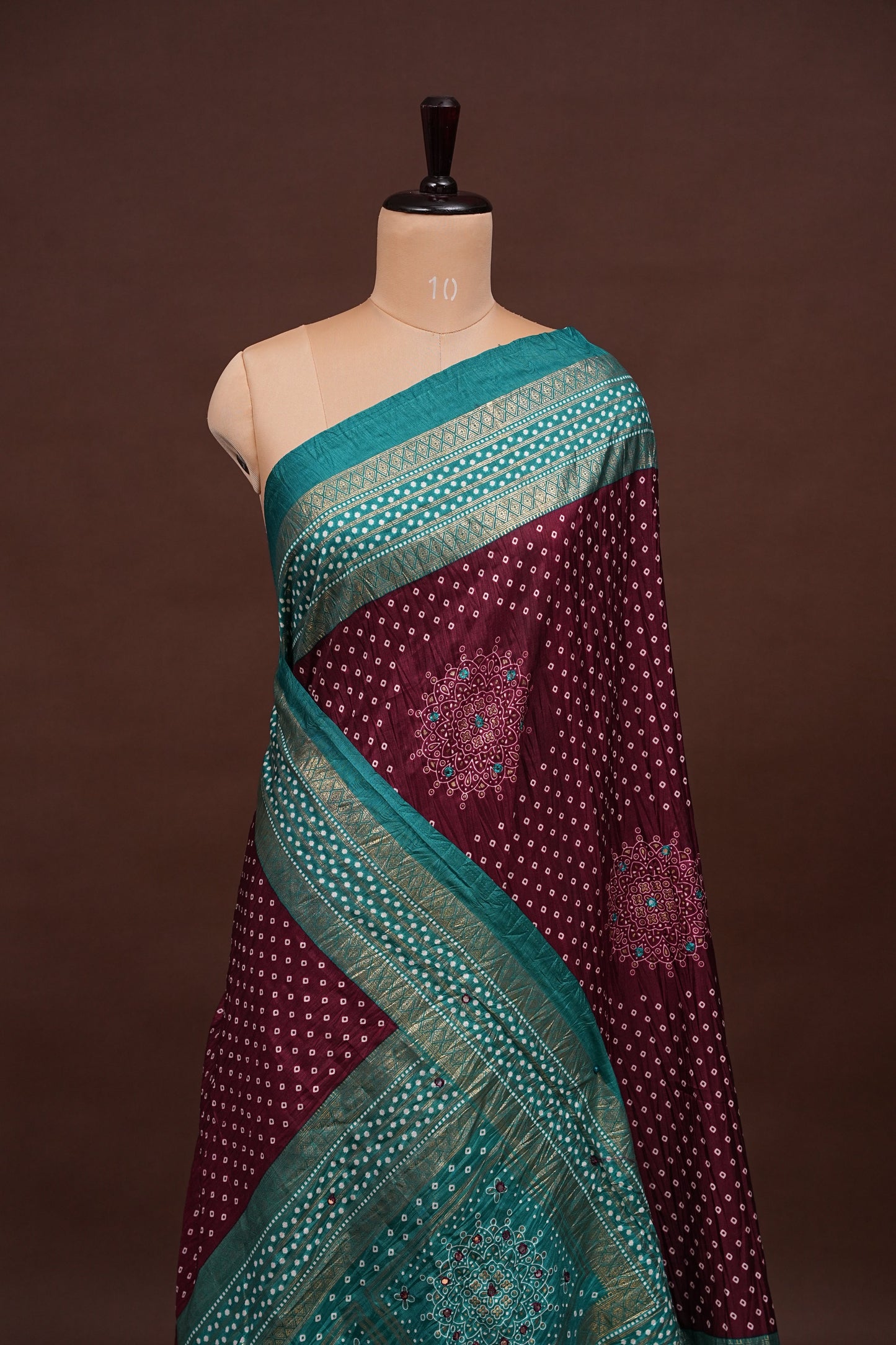 Bandhini Digital Print Semi Silk Saree-Wine and Turquoise Blue