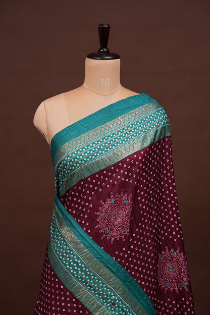 Bandhini Digital Print Semi Silk Saree-Wine and Turquoise Blue