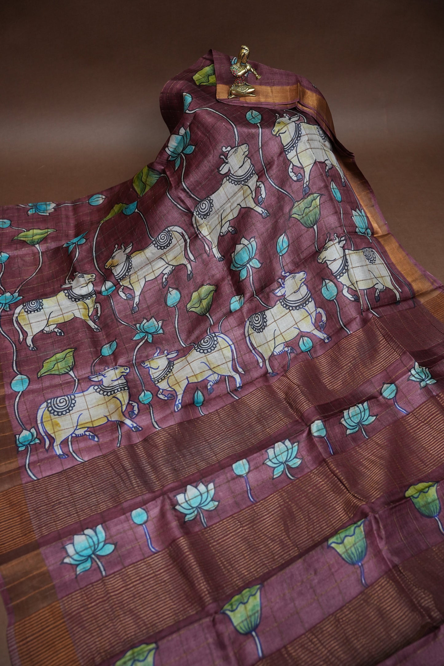 Pure Tussar Silk Saree in Chocolate Brown with Hand Painted Pichwai Art | Silk Mark Certified