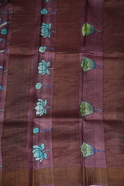 Pure Tussar Silk Saree in Chocolate Brown with Hand Painted Pichwai Art | Silk Mark Certified