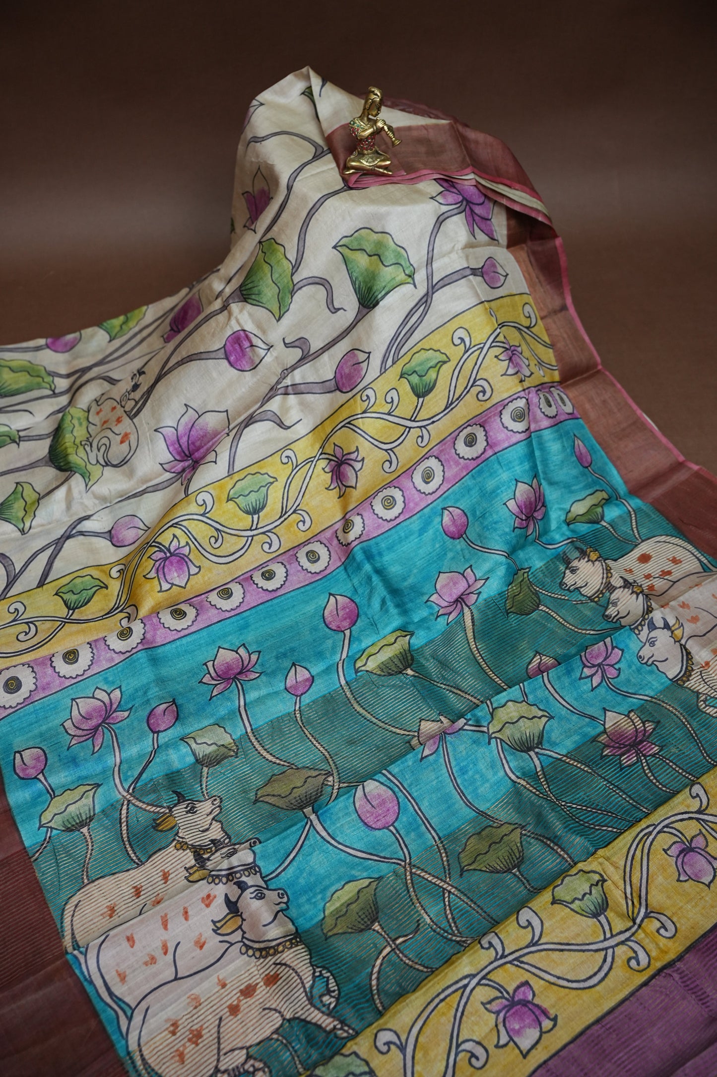 Pure Tussar Silk Saree in Ivory with Hand Painted Pichwai Cow & Lotus Art | Silk Mark Certified