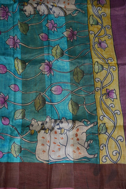 Pure Tussar Silk Saree in Ivory with Hand Painted Pichwai Cow & Lotus Art | Silk Mark Certified