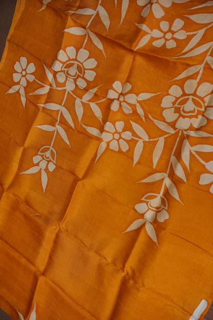Pure Mulberry Silk Saree in Mustard Yellow with Floral Batik Print | Silk Mark Certified
