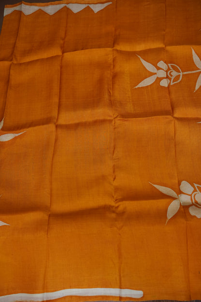 Pure Mulberry Silk Saree in Mustard Yellow with Floral Batik Print | Silk Mark Certified