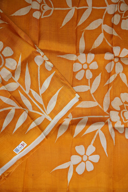 Pure Mulberry Silk Saree in Mustard Yellow with Floral Batik Print | Silk Mark Certified