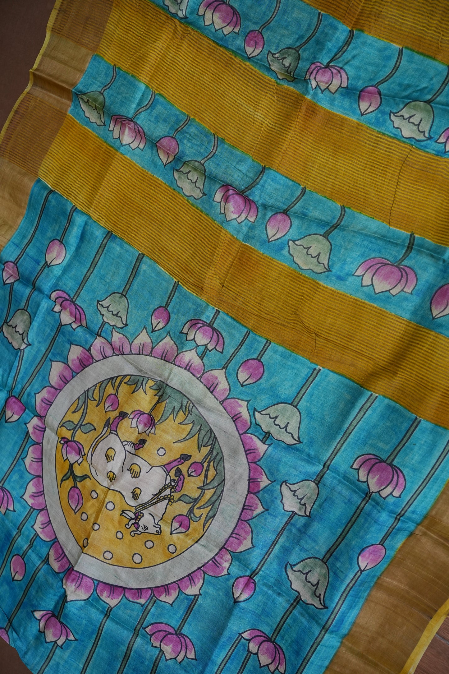 Pure Tussar Silk Saree in Rose Pink with Hand Painted Pen Kalamkari Pichwai Art | Silk Mark Certified