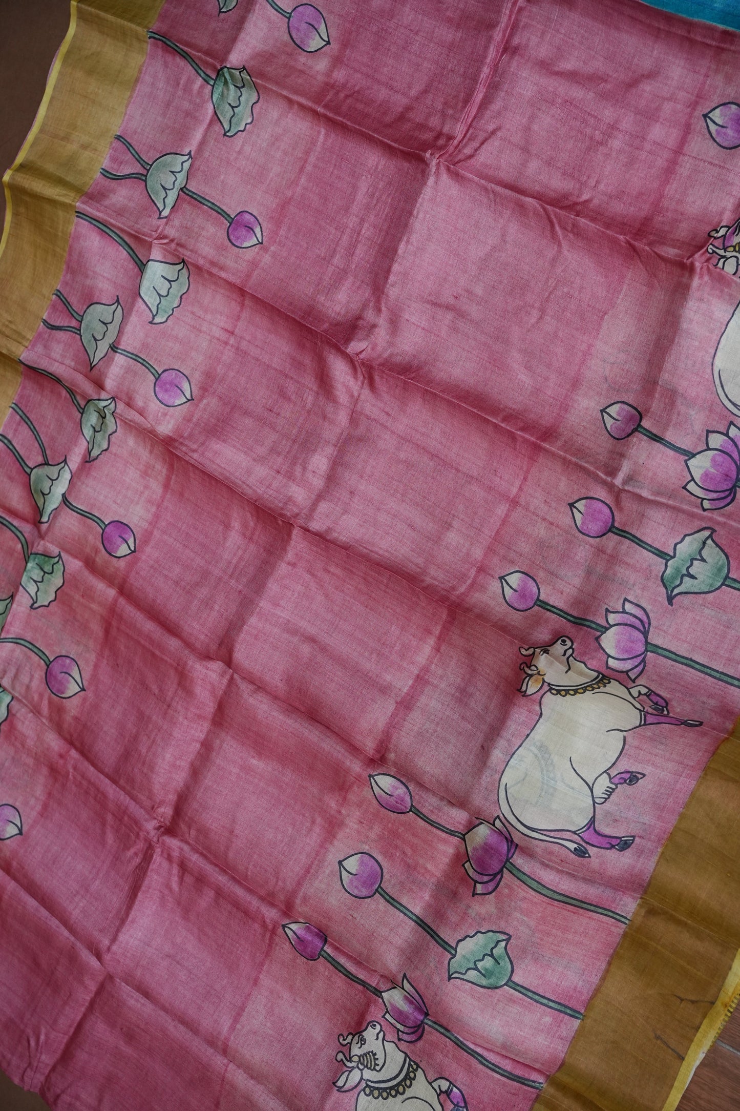 Pure Tussar Silk Saree in Rose Pink with Hand Painted Pen Kalamkari Pichwai Art | Silk Mark Certified