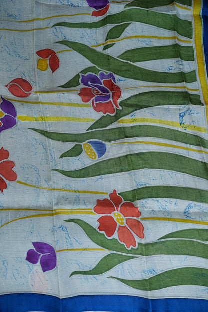Pure Mulberry Silk Saree in Royal Blue with Floral Batik Print | Silk Mark Certified