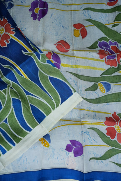 Pure Mulberry Silk Saree in Royal Blue with Floral Batik Print | Silk Mark Certified