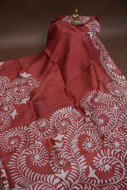 Pure Mulberry Silk Saree in Rust with Batik Print Border | Silk Mark Certified