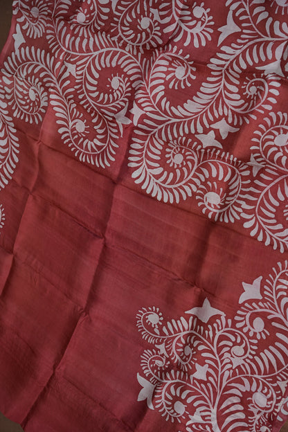 Pure Mulberry Silk Saree in Rust with Batik Print Border | Silk Mark Certified