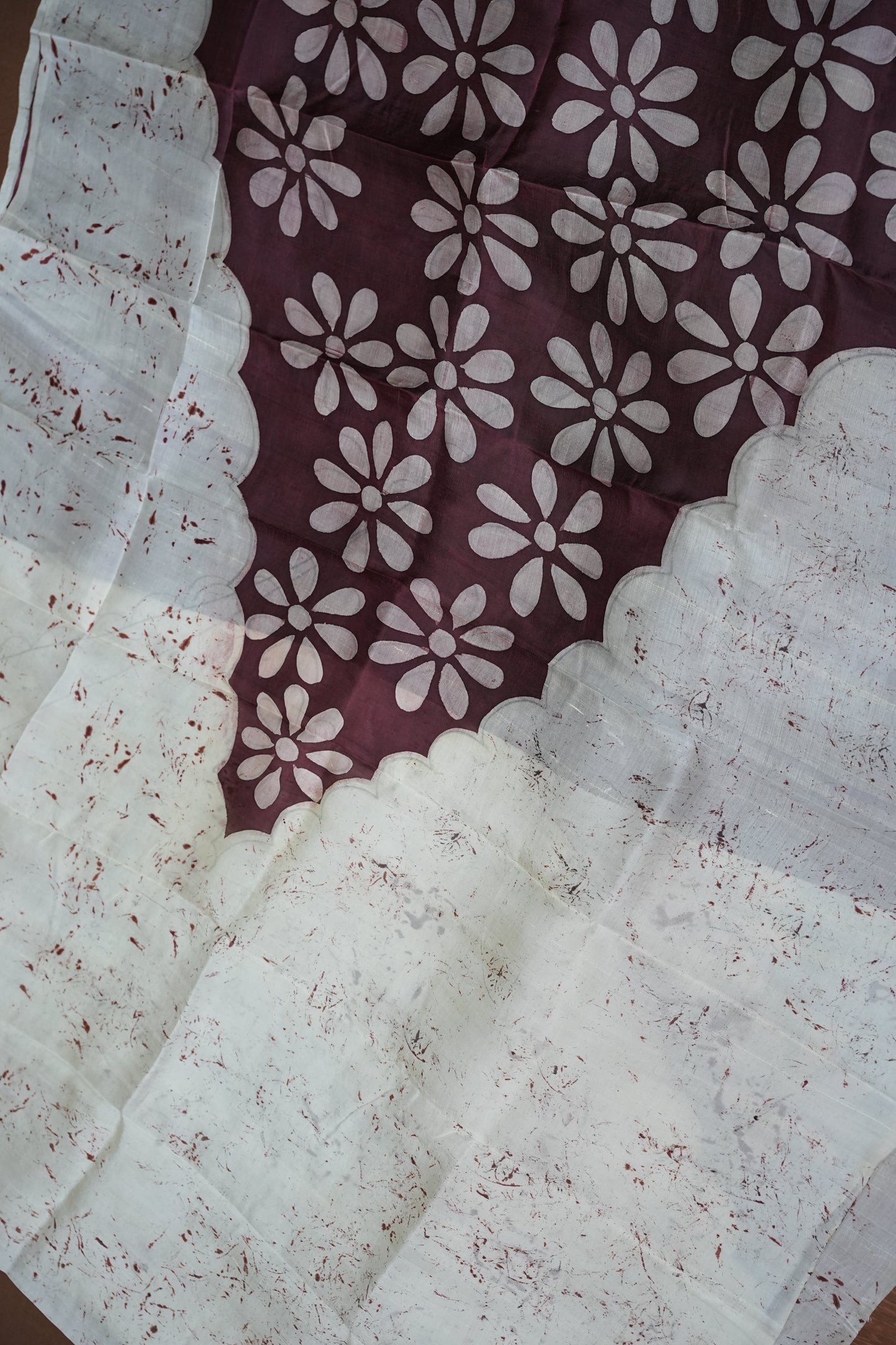 Pure Mulberry Silk Saree in Ivory with Batik Print & Maroon Pallu | Silk Mark Certified