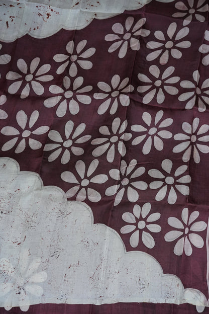 Pure Mulberry Silk Saree in Ivory with Batik Print & Maroon Pallu | Silk Mark Certified