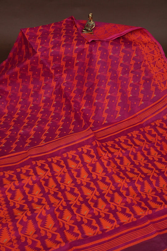 Handloom Jamdani Cotton Saree - Pink & Orange